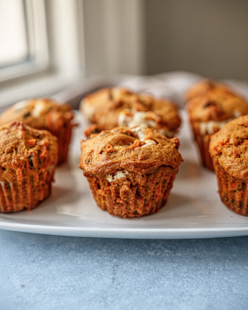 Carrot and pumpkin muffins with cream cheese filling on a white plate