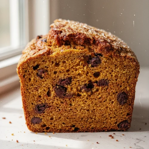 Gluten-free chocolate chip pumpkin bread slice with chocolate chips and warm fall spices