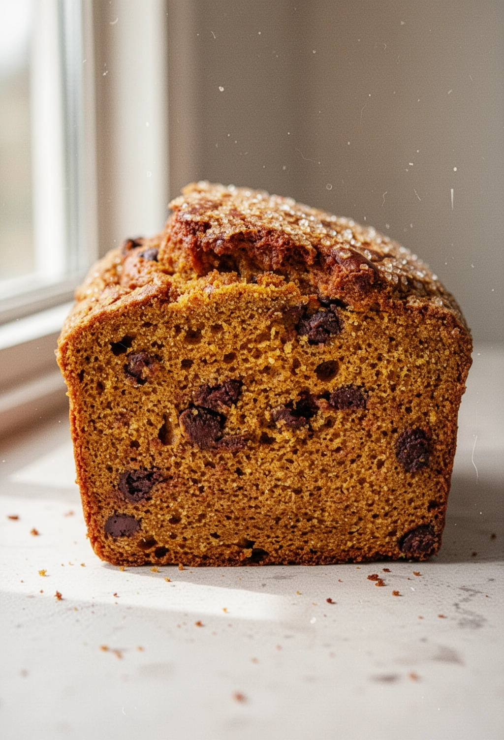 Gluten-free chocolate chip pumpkin bread slice with chocolate chips and warm fall spices