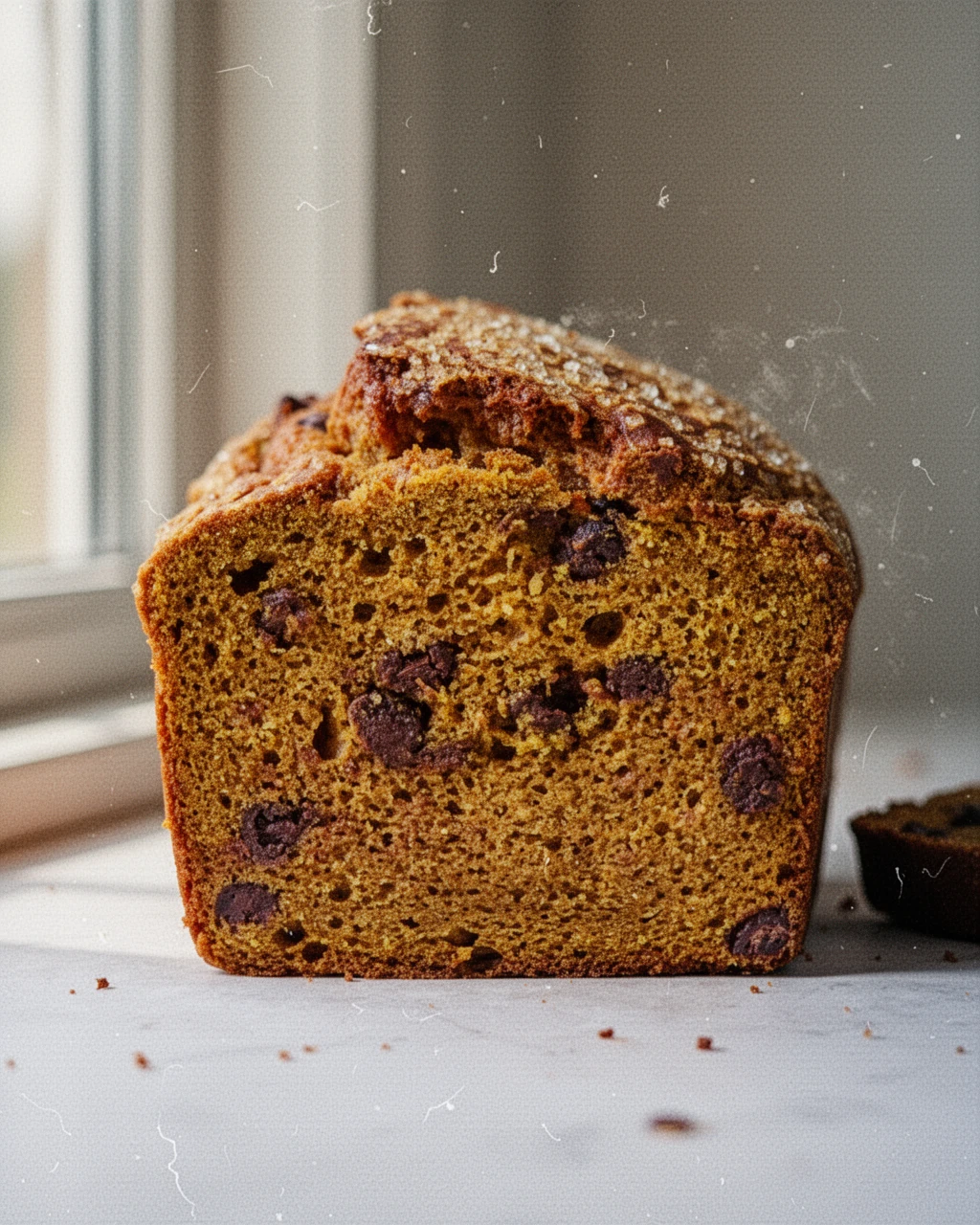 Gluten-free chocolate chip pumpkin bread slice with chocolate chips and golden crumb