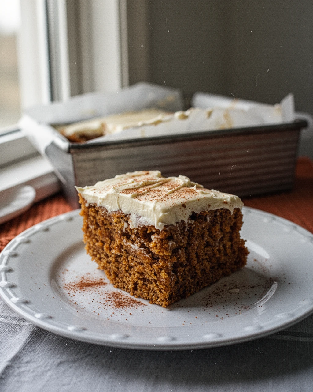 Cinnamon Cream Cheese Frosting on Pumpkin Bars Pumpkin bar with cinnamon cream cheese frosting on a white plate
