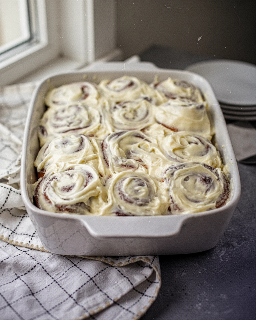 Cinnamon rolls with creamy cream cheese icing in a white baking dish