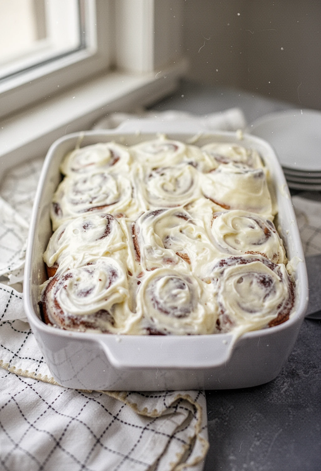 Cream Cheese Cinnamon Roll Icing on Fresh Baked Rolls Freshly baked cinnamon rolls with creamy cinnamon roll icing in a white dish