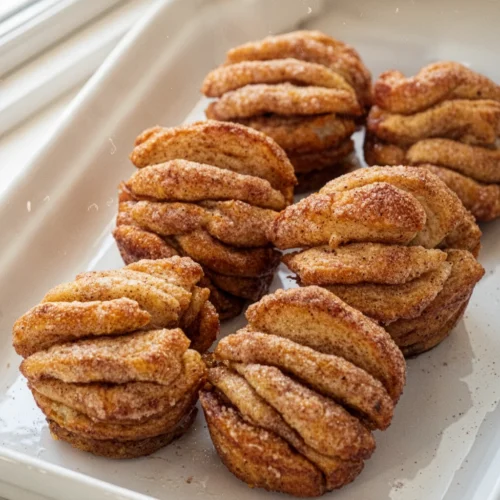 Cinnamon sugar pull-apart muffins on a white plate, golden and flaky