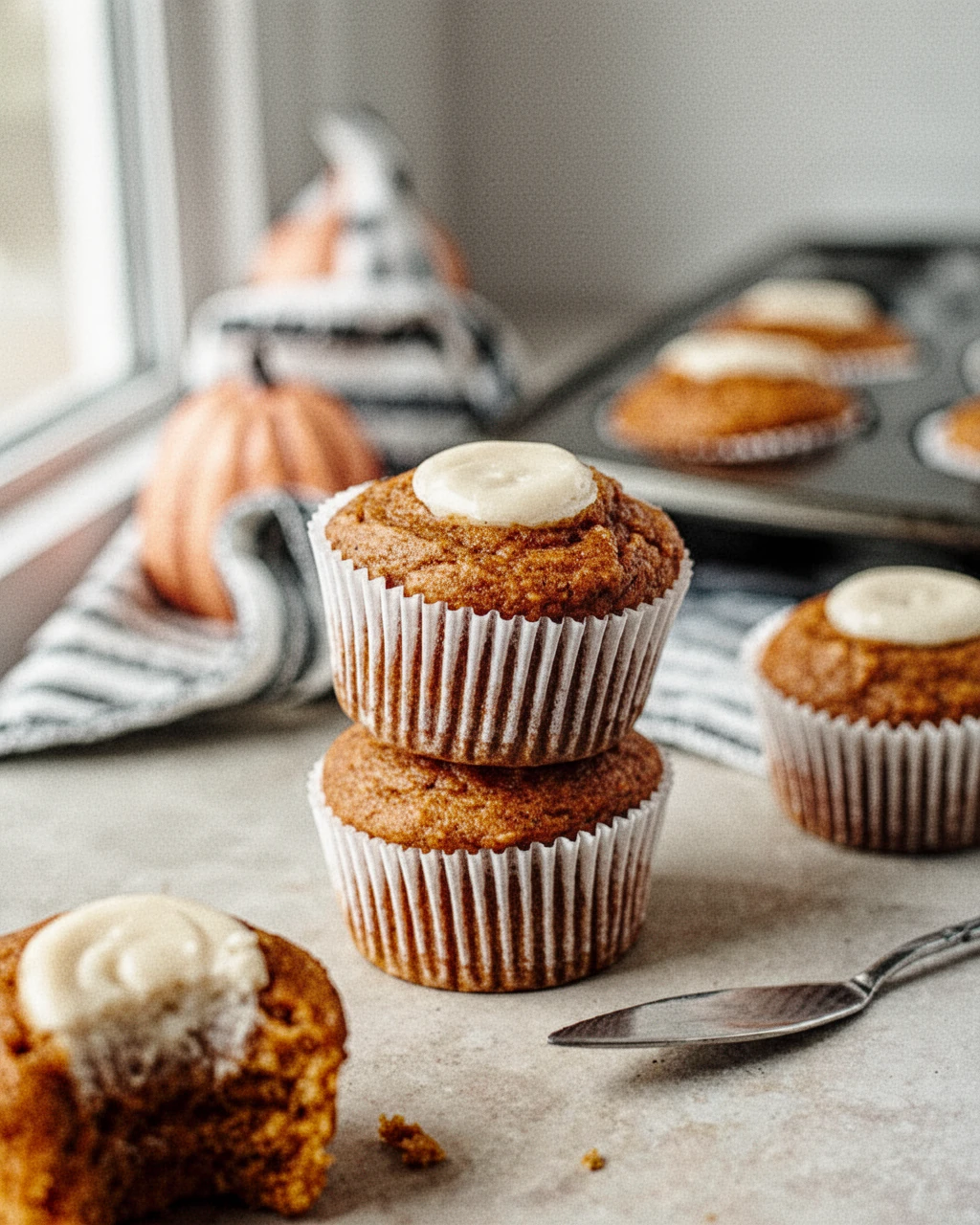 Copycat Starbucks Pumpkin Cream Cheese Muffins with Cream Cheese Filling Copycat Starbucks pumpkin cream cheese muffins with cream cheese filling, stacked and on counter