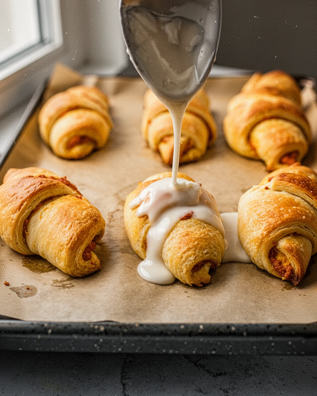 Cream cheese pumpkin pie crescent rolls being drizzled with maple glaze