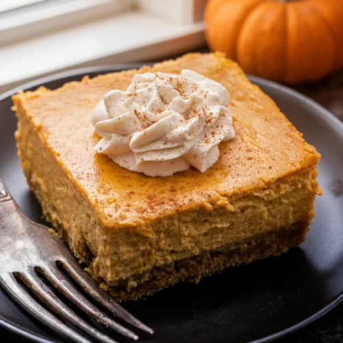 Creamy pumpkin pie bar with whipped cream and cinnamon on a black plate
