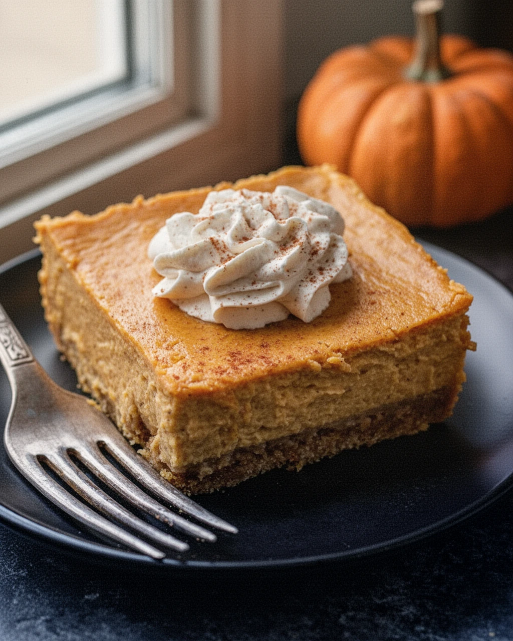 Creamy pumpkin pie bar with whipped cream and cinnamon on a black plate