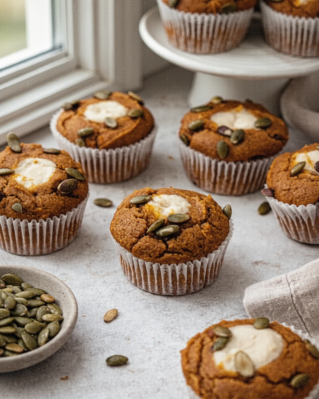 Dairy free pumpkin chocolate chip cookies in paper cups with pumpkin seeds and cream