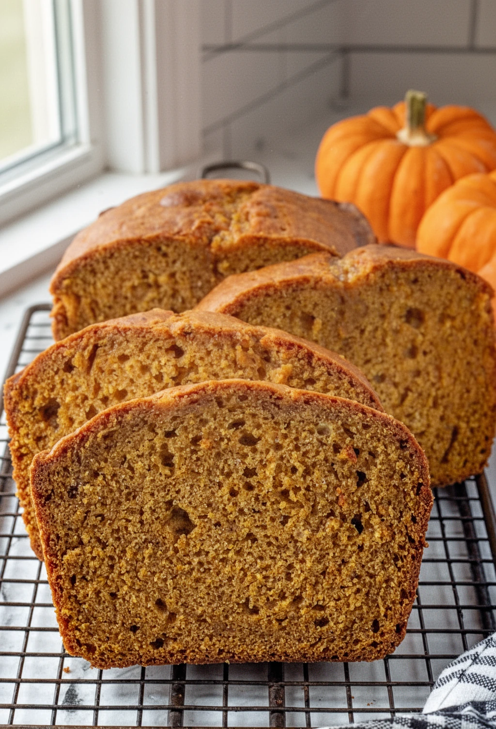 Down East Maine Pumpkin Bread Slices with Pumpkins Slices of Down East Maine pumpkin bread on a cooling rack with pumpkins