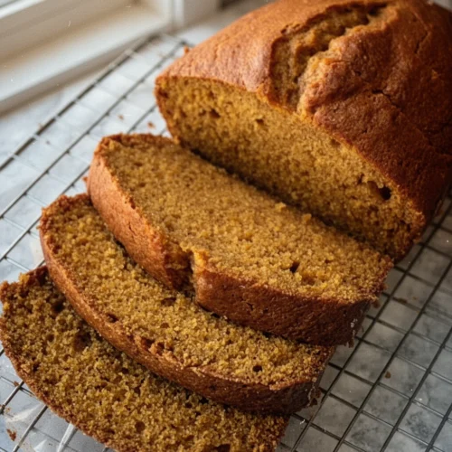 Easy 5-step pumpkin spice loaf sliced on a cooling rack, golden brown and moist