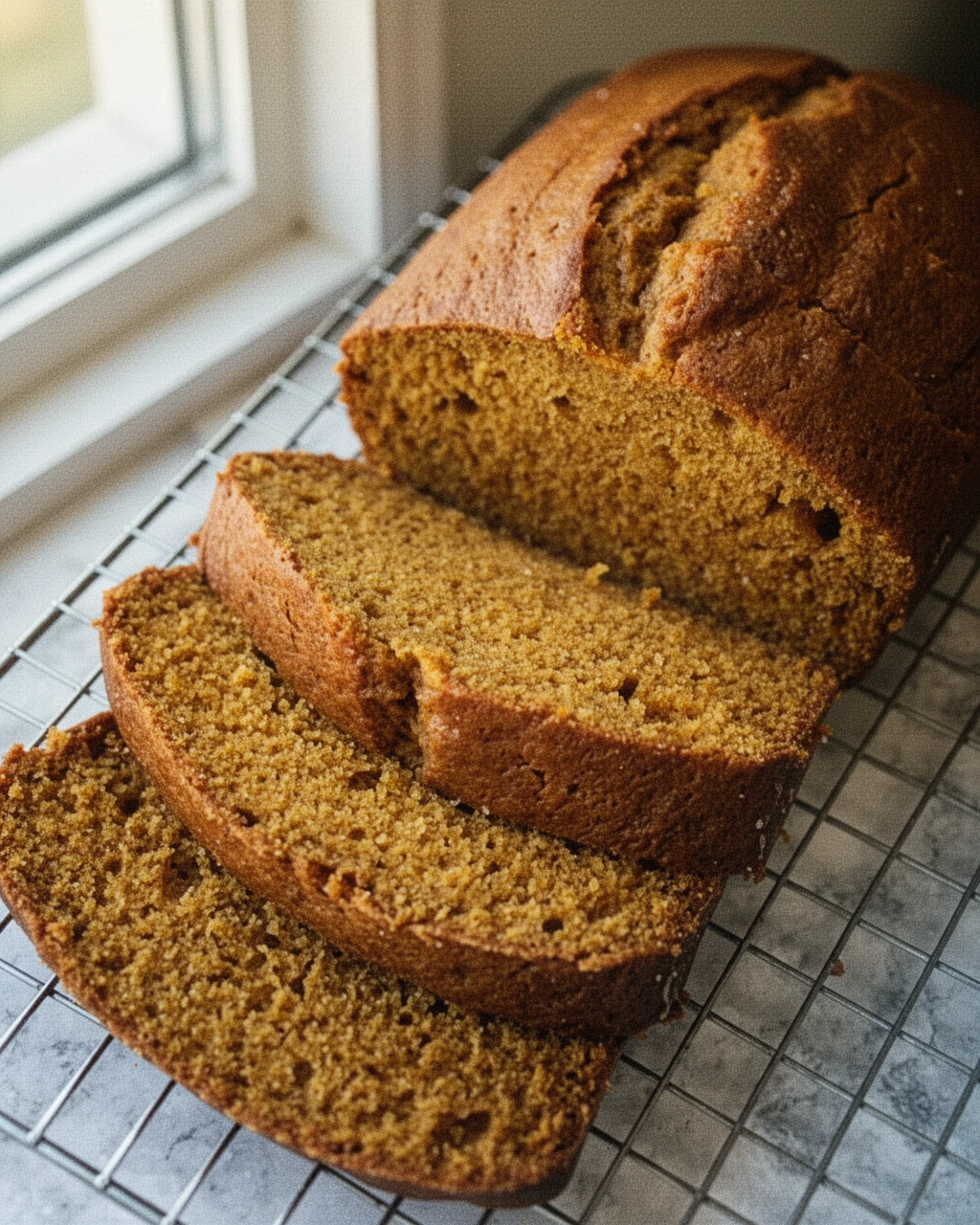 Easy 5-step pumpkin spice loaf sliced on a cooling rack, golden brown and moist