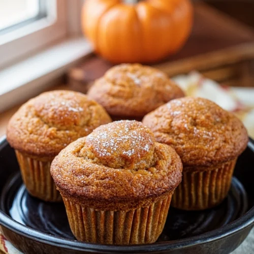 Easy pumpkin muffins for kids on a plate with autumn decor