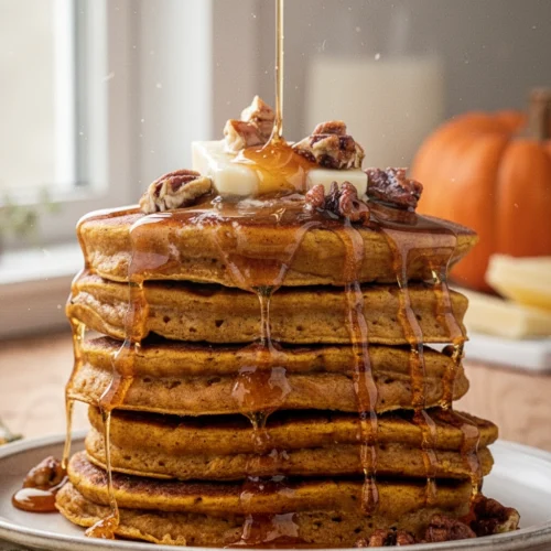 Easy pumpkin butter pancakes with butter, syrup, and pecans