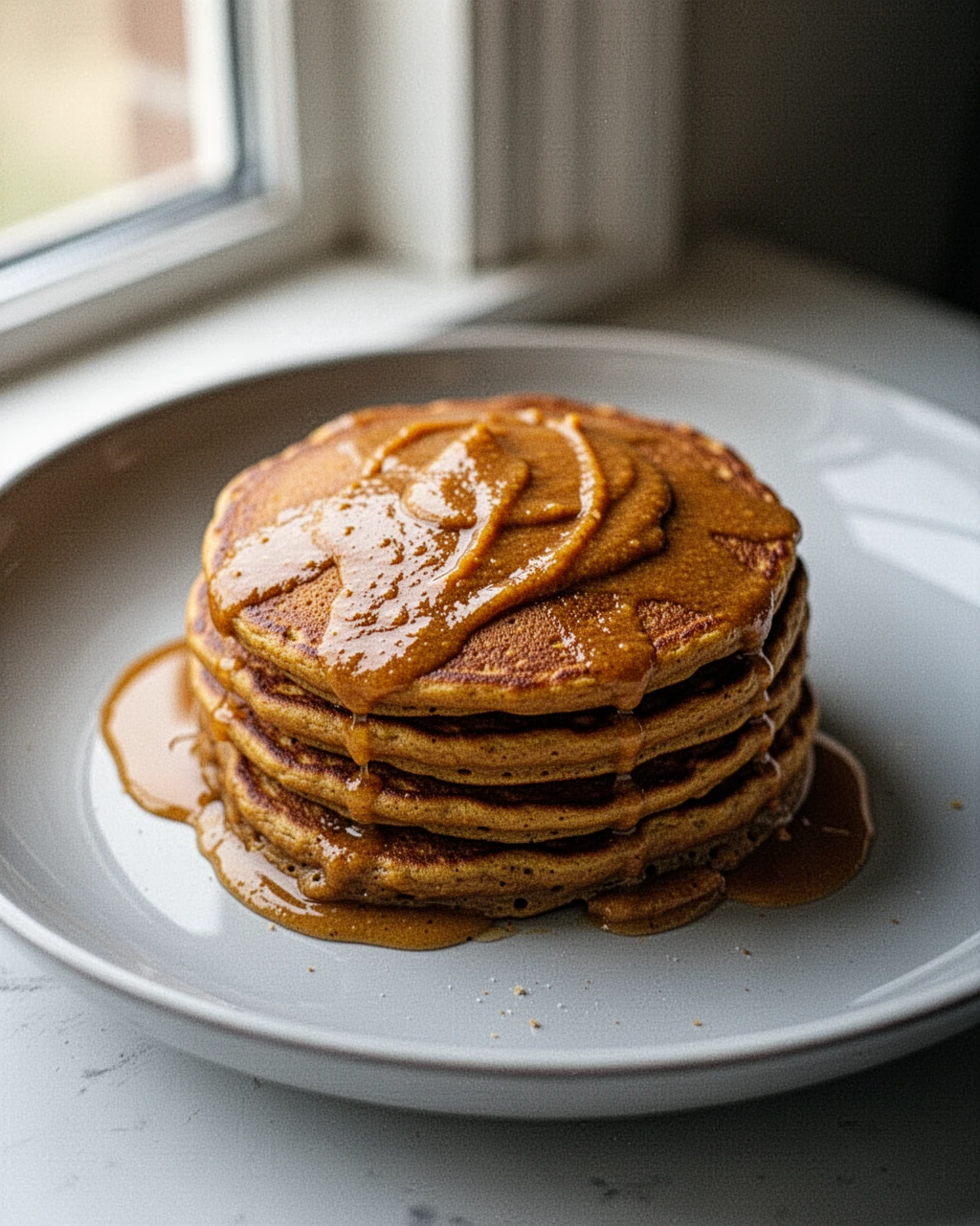 Golden easy pumpkin butter pancake cooking in a white skillet with bubbles on surface