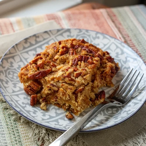 Easy pumpkin crisp with pecan topping on a patterned plate