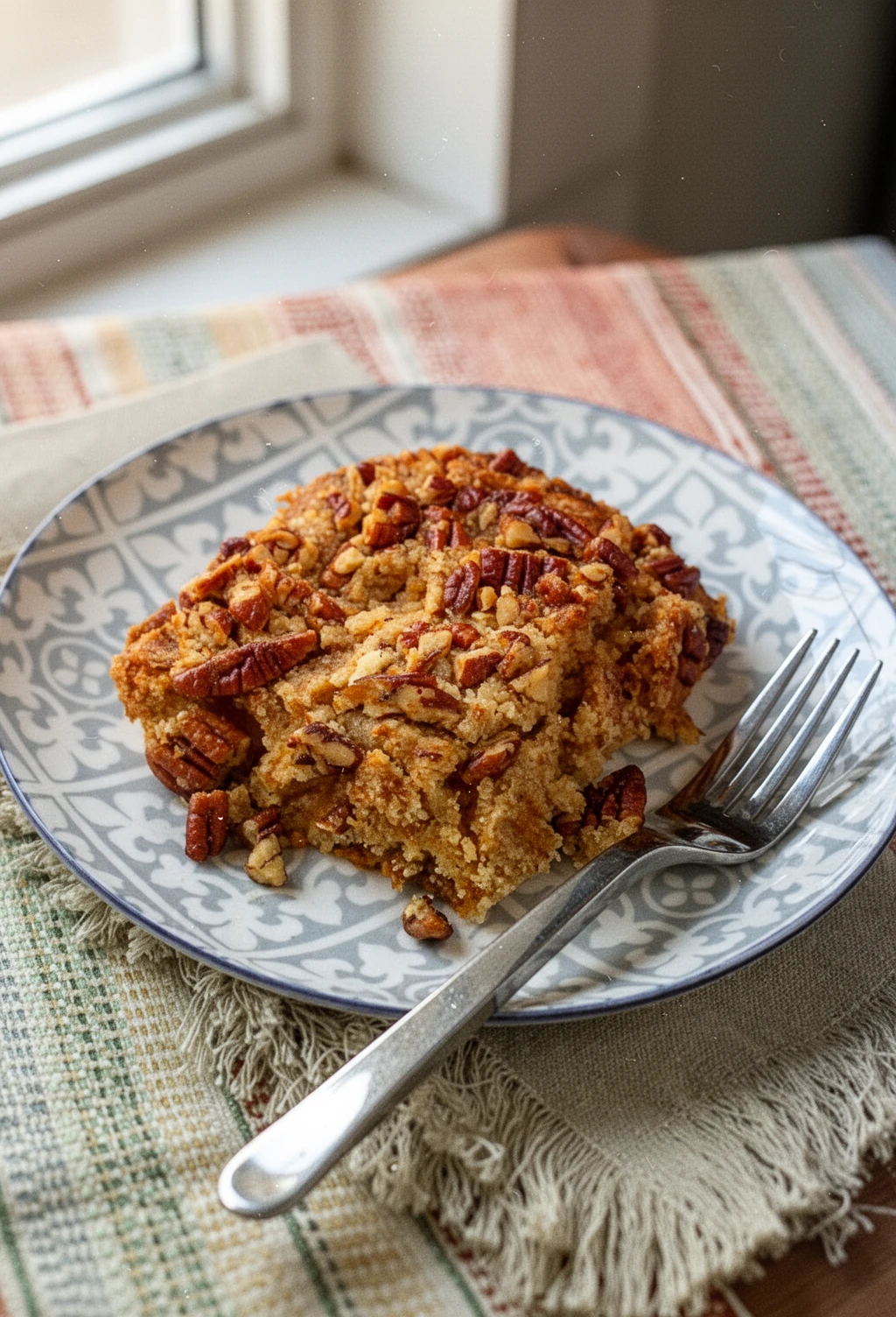 Easy pumpkin crisp with pecan topping on a patterned plate