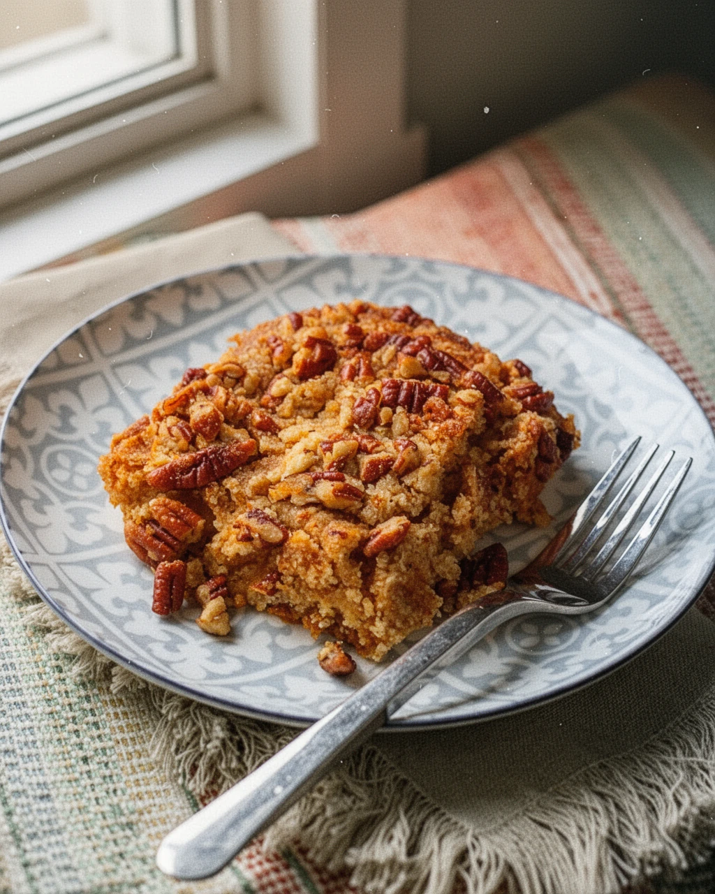 Easy pumpkin crisp slice with pecans on a patterned plate