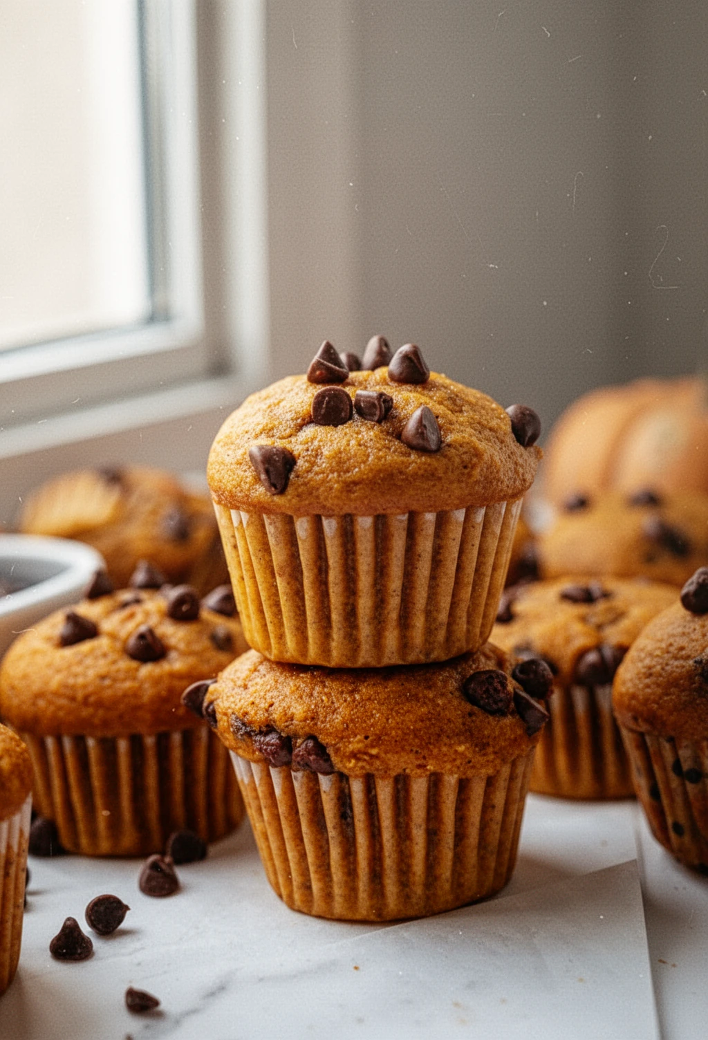 Easy pumpkin muffin recipes with chocolate chips, warm spices, perfect for fall