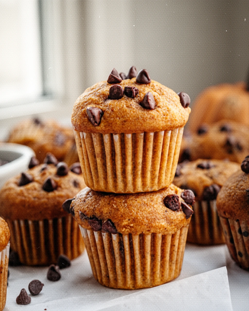 Easy pumpkin muffin recipes with chocolate chips, warm spices, perfect for fall