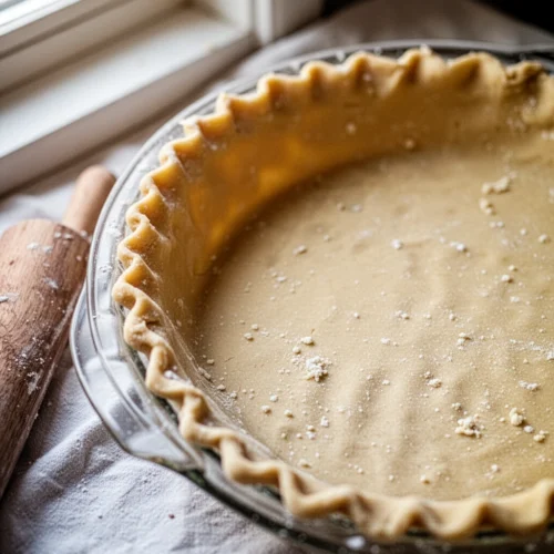 Easy sourdough pie crust in glass dish with wooden rolling pin