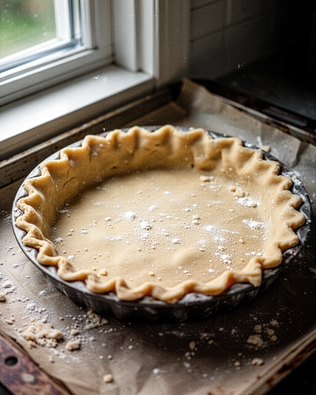 Easy sourdough pie crust recipe with soft abstract background and leaf details