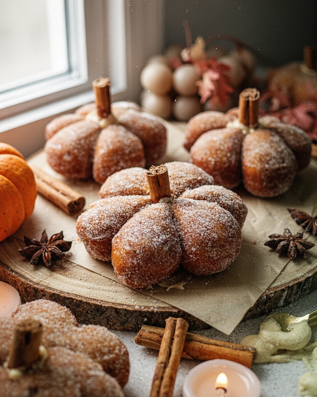 Easy vegan donuts baked shaped like pumpkins with cinnamon sticks and autumn decor