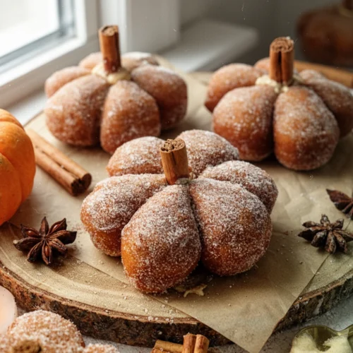 Easy vegan donuts baked shaped like pumpkins with cinnamon sticks and autumn decor