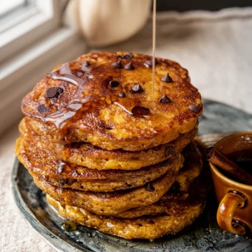 Fluffy Pumpkin Butter Chocolate Chip Pancakes: A Delightful Treat 1 Fluffy pumpkin butter chocolate chip pancakes with syrup and pumpkins
