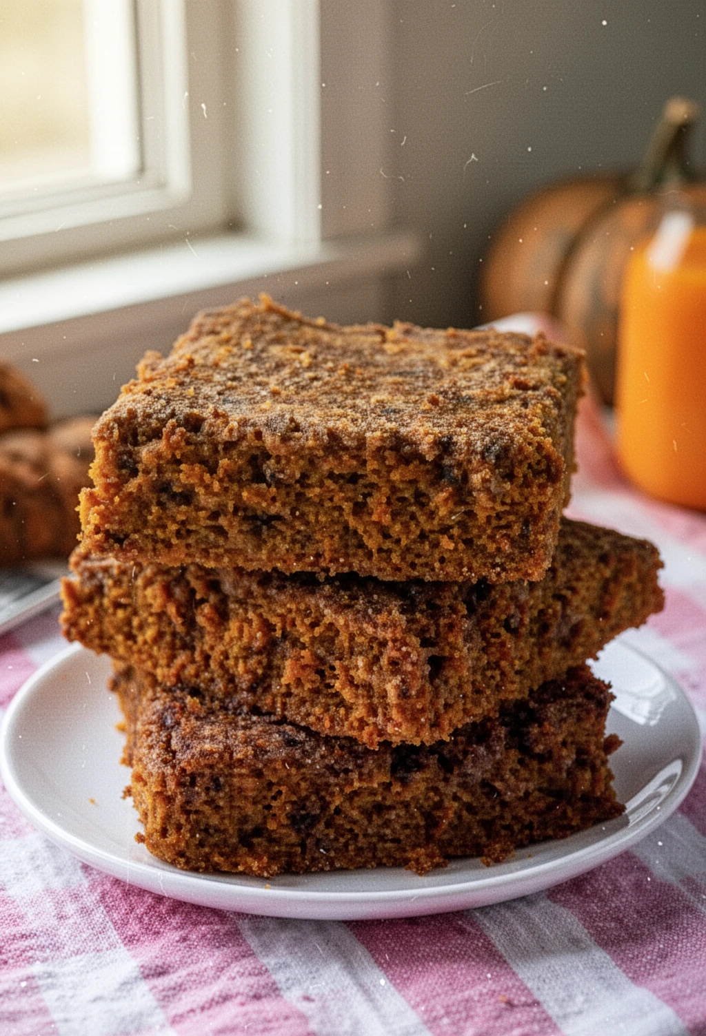 Fodmap pumpkin brownies stacked on a white plate, rich chocolate texture