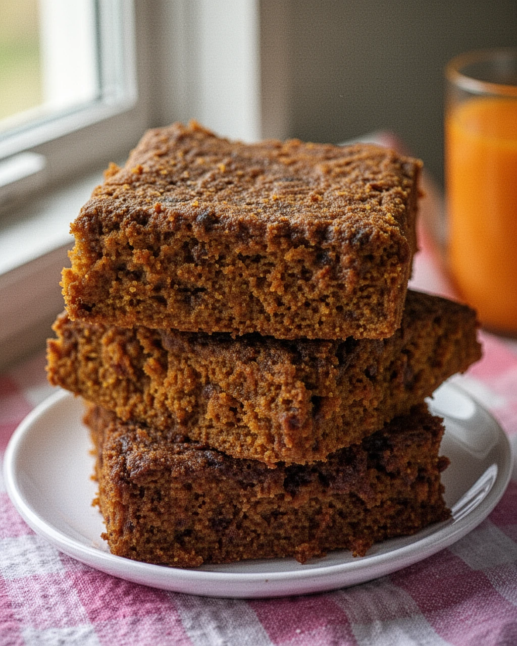Fodmap pumpkin brownies stacked on a white plate, soft texture, gluten-free treat