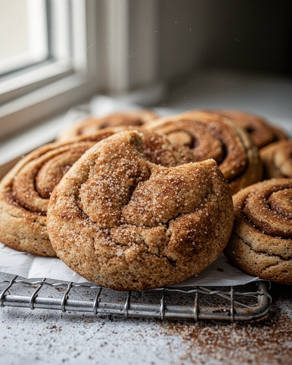 Gluten free cinnamon roll cookies with cinnamon sugar coating on cooling rack