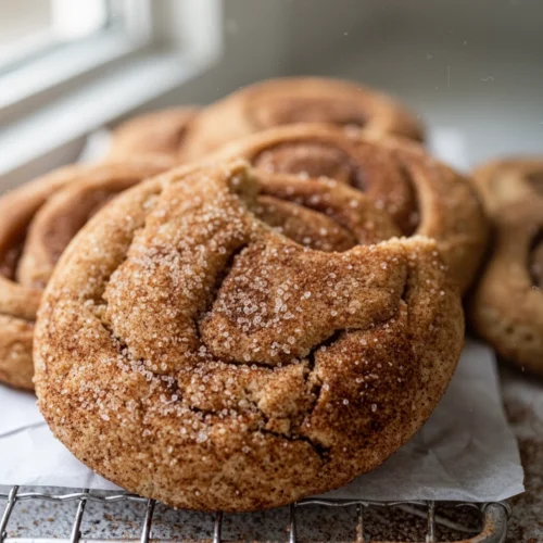 Gluten free cinnamon roll cookies with cinnamon sugar coating on a cooling rack