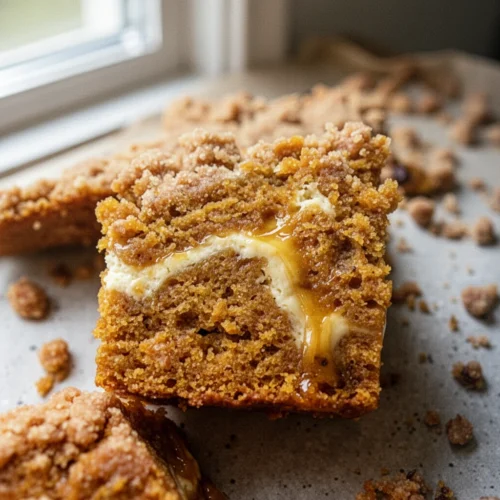 Gooey pumpkin crumb cake slice with cream cheese swirl and crumb topping