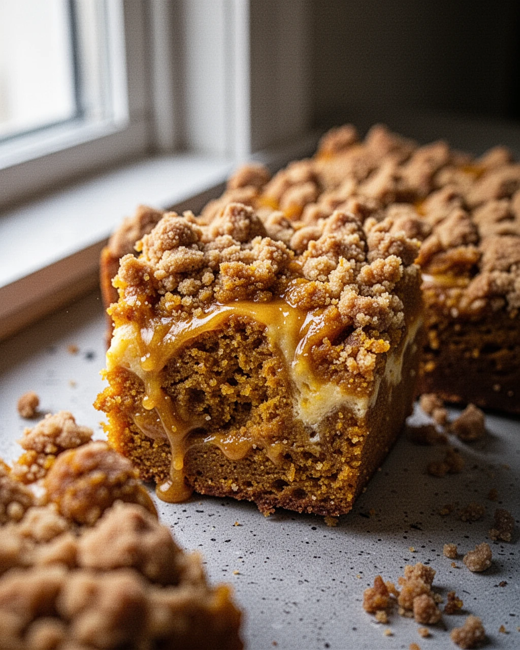 Gooey pumpkin crumb cake slice with cream cheese swirl and crumb topping