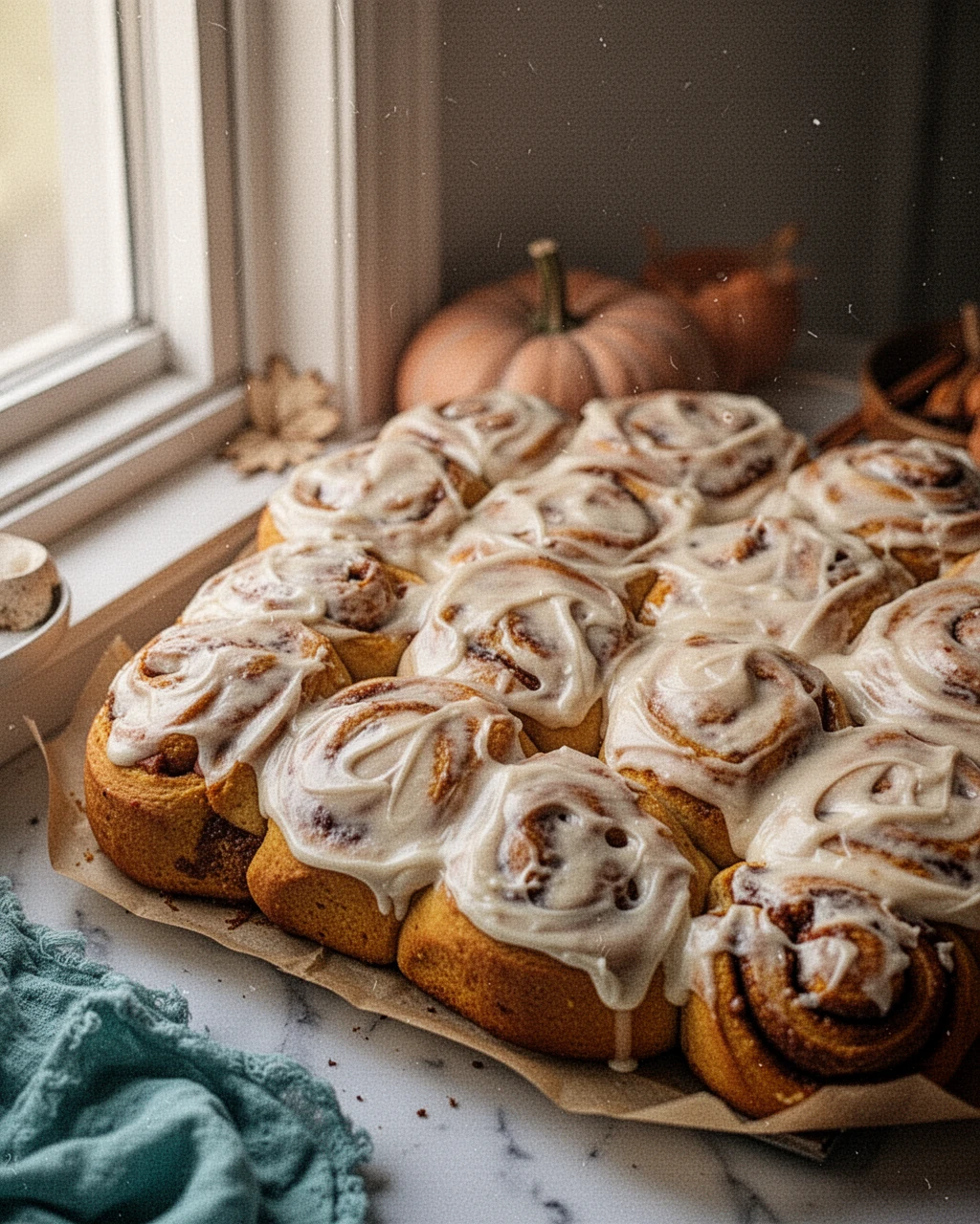 Homemade pumpkin cinnamon rolls with cream cheese frosting on a baking sheet