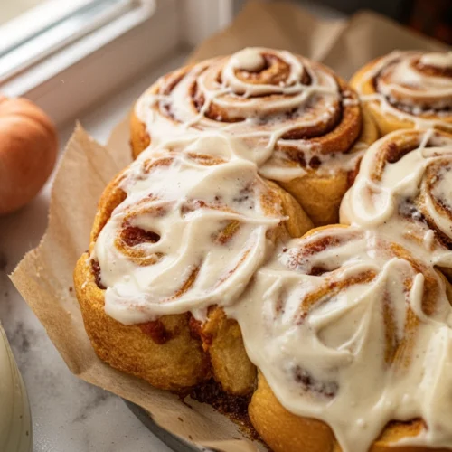 Homemade pumpkin cinnamon rolls with cream cheese frosting, golden-brown swirls, and pumpkin spice filling