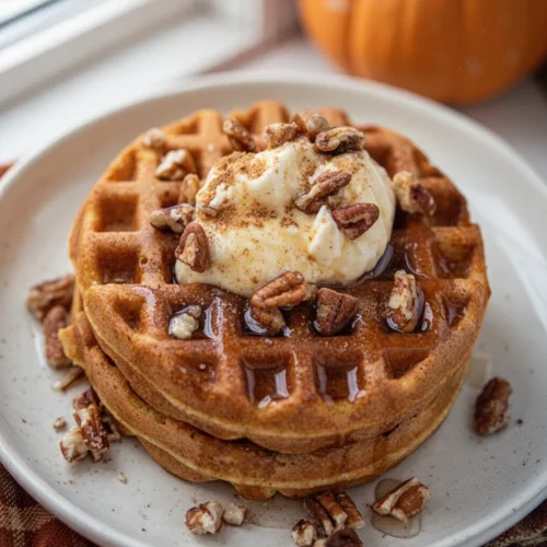 Keto pumpkin spice waffles with whipped cream and pecans on a plate
