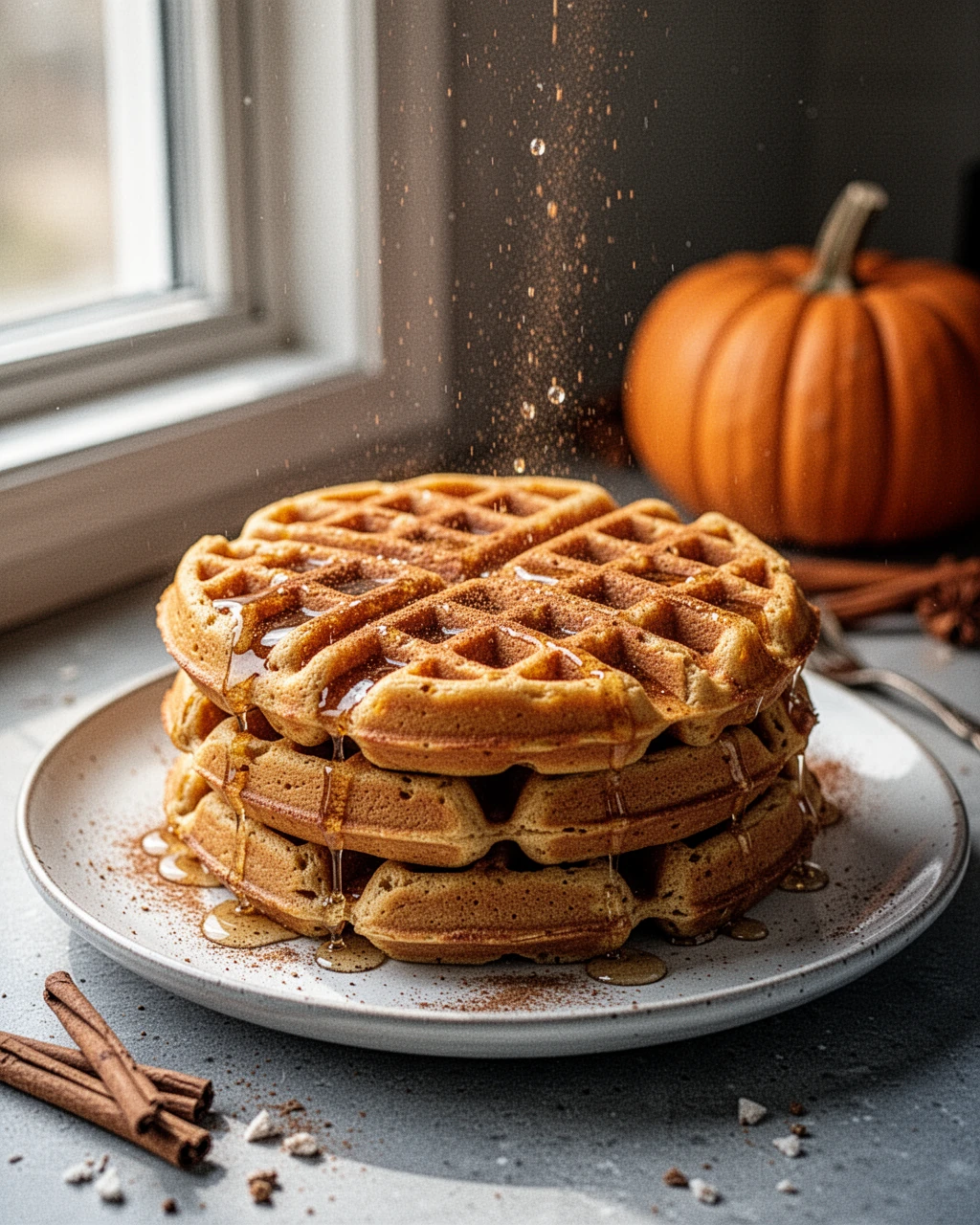 Keto pumpkin spice waffles with cinnamon and berries