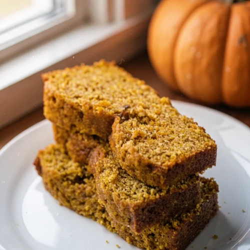 Slices of low calorie pumpkin bread on a white plate with pumpkins in background