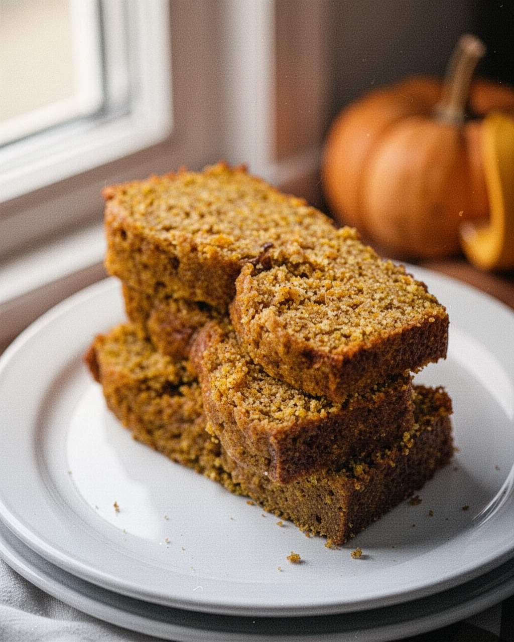Slices of low calorie pumpkin bread on a white plate with pumpkins in background