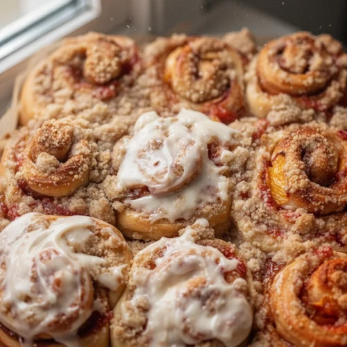 Peach cobbler cinnamon rolls with streusel topping and icing