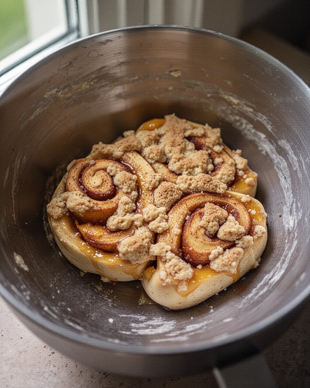 Peach cobbler cinnamon rolls dough in a mixing bowl