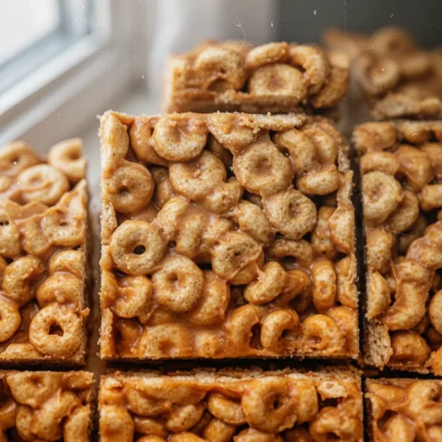 Peanut butter Cheerio bars cut into squares, showing cereal and peanut butter texture