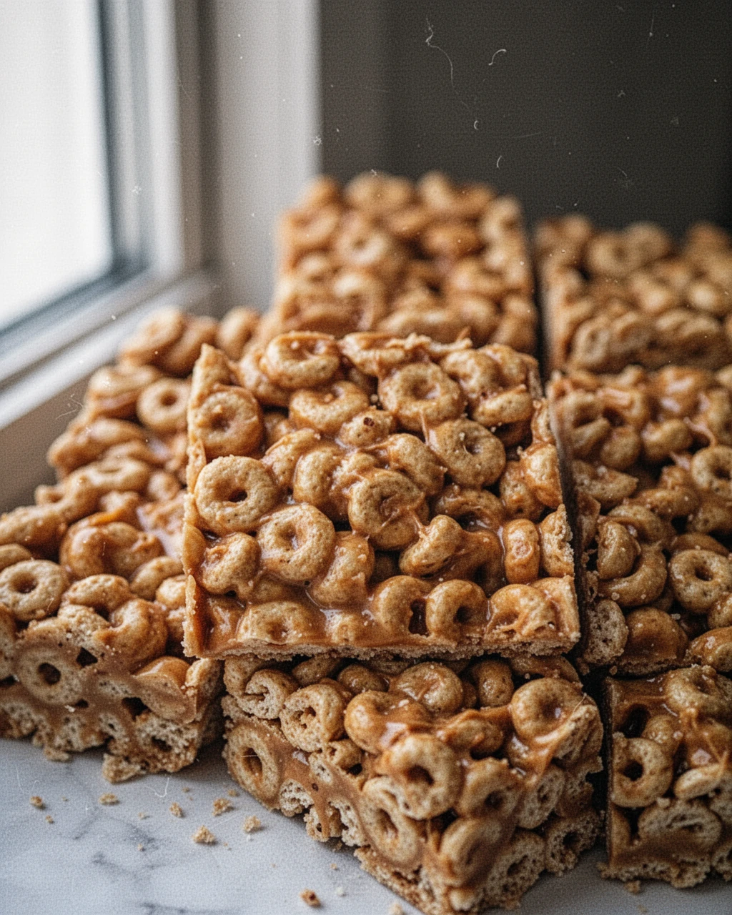 Peanut butter Cheerio bars cut into squares, showing cereal and peanut butter texture