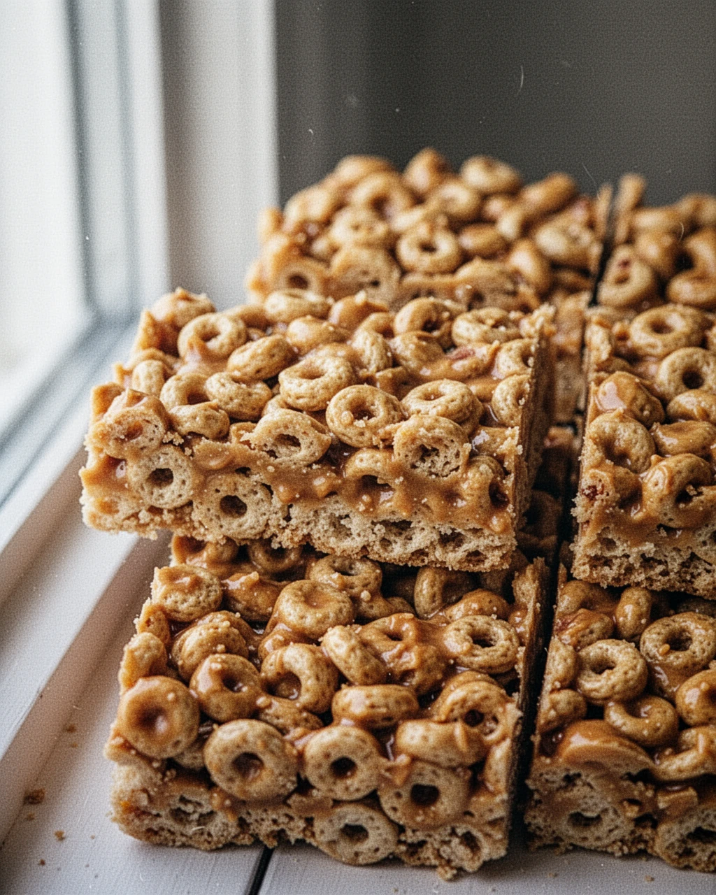 Peanut butter cheerio bars cut into squares, showing cereal and peanut butter mixture
