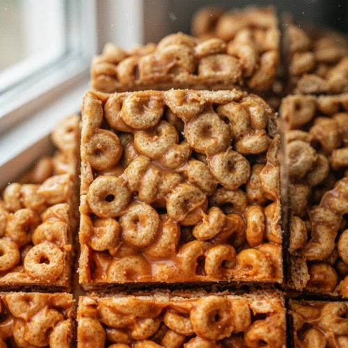 Peanut butter cheerio bars cut into squares, showing chewy texture and golden cereal