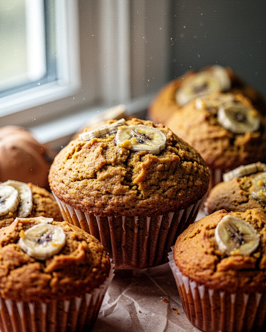 Pumpkin banana muffins with cinnamon sugar topping, fresh from the oven