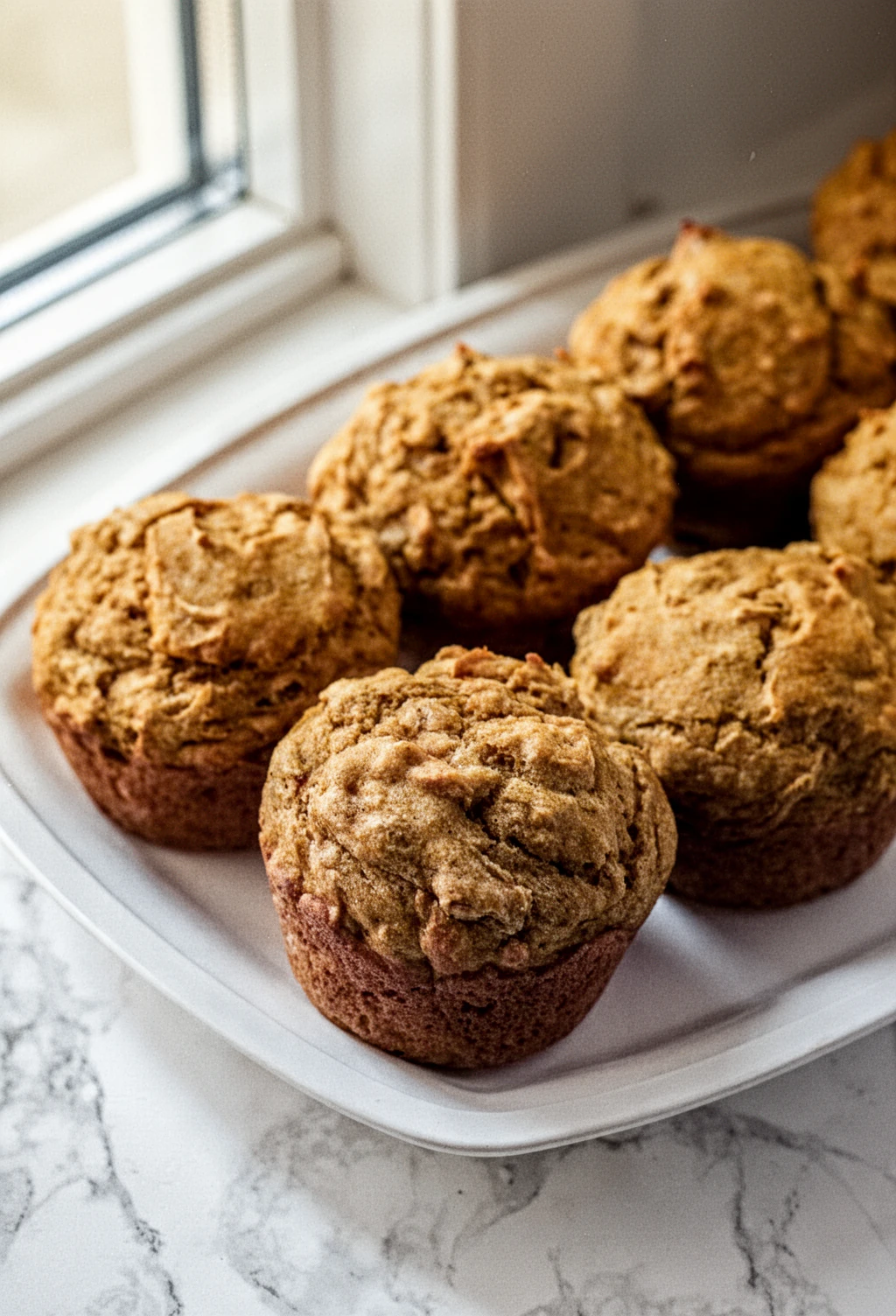 Freshly baked pumpkin banana muffins on a white plate with bananas in background