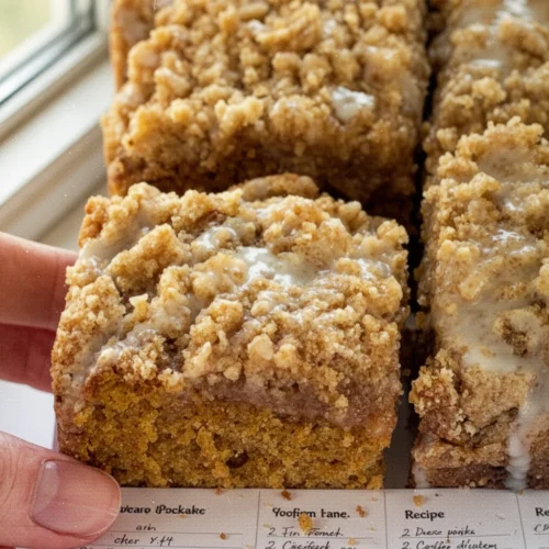 Moist pumpkin coffee cake with streusel topping and glaze, perfect for coffee